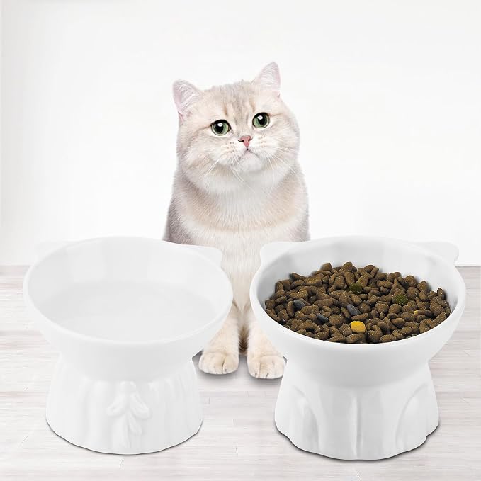 Elevated Cat Bowls 2-Pack, Ceramic Raised Cat Food & Water Dishes - Extra Wide & Shallow Whisker-Friendly Design, Anti-Vomit & Easy Digestion, Lead/Cadmium-Free, Microwave & Dishwasher Safe (White)