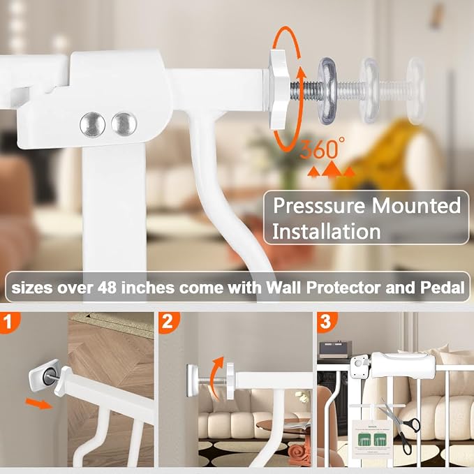 Fairy Baby 62-67 Inch Extra Wide Baby Gate Pressure Monuted Safety Gates | No Drill Auto Close Dog Gate for Doorways, Adjustable Metal Long Gate for Living Room Walk-Thru, One-Hand Operation, White