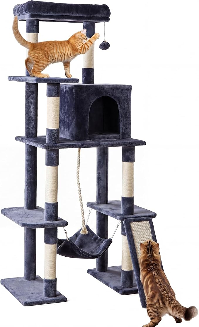 63 Inch Large Cat Tree Tower for Indoor Cats, Dark Grey | Multi-Level Tall Cat Tree Tower with Condo, Perch, Sisal Scratching Posts Board and Hammock, Dangling Balls