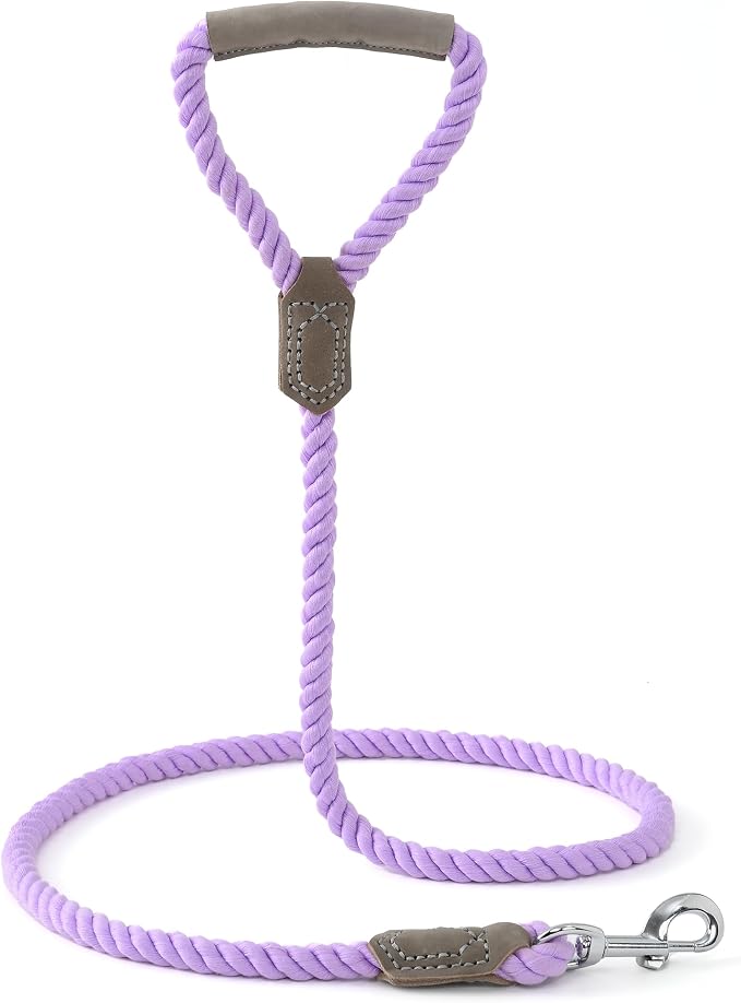 Mile High Life Dog Leash Braided Cotton Rope w/Leather-Wrapped Ends/Handle | Rust-proof 360° swivel clasp, Heavy-duty for medium/large breeds. Great for weddings, daily walks (4 FT, 1/2", Purple)