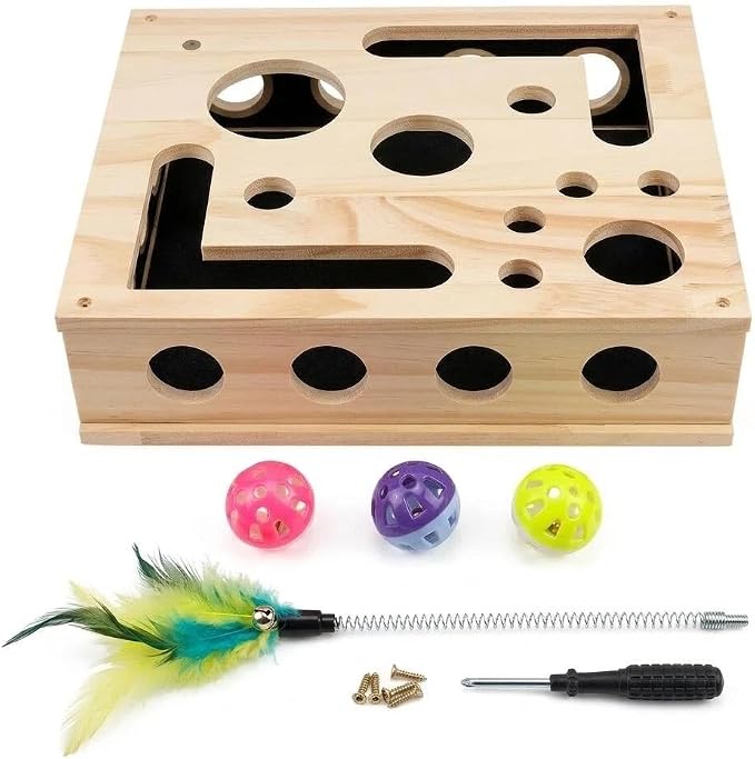 Wooden Cat Scratch Puzzle Enrichment Box, Interactive Cat Nail File Enrichment Box with Sandpaper Inside and Bell Ball, Scratch Puzzle Box for Cat Stress Free Alternative to Clippers and Grinders