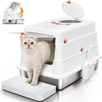 Stainless Steel Cat Litter Box with Lid, Enclosed Extra Large Metal | Litter Pan for Big Cats, Full Flip Cover High Sided Litter Box Include Scoop, Easy Cleaning, Non-Stick, White