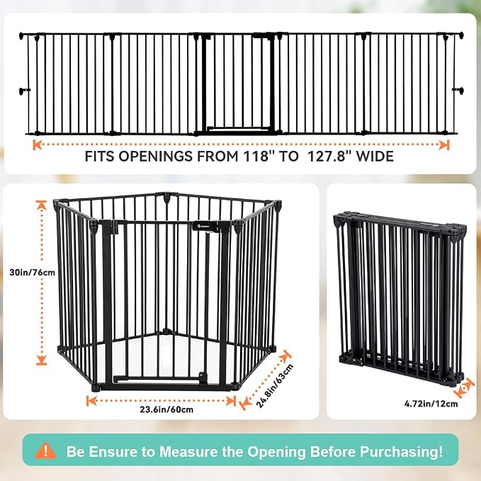 COMOMY 127.8" Extra Wide Baby Gate, Dog Gate for House Stairs Doorways | Auto Close Pet Gate with Door Walk Through, 5 Metal Panels, Hardware Mounted Baby Fence Indoor Outdoor(30" Tall,Black)