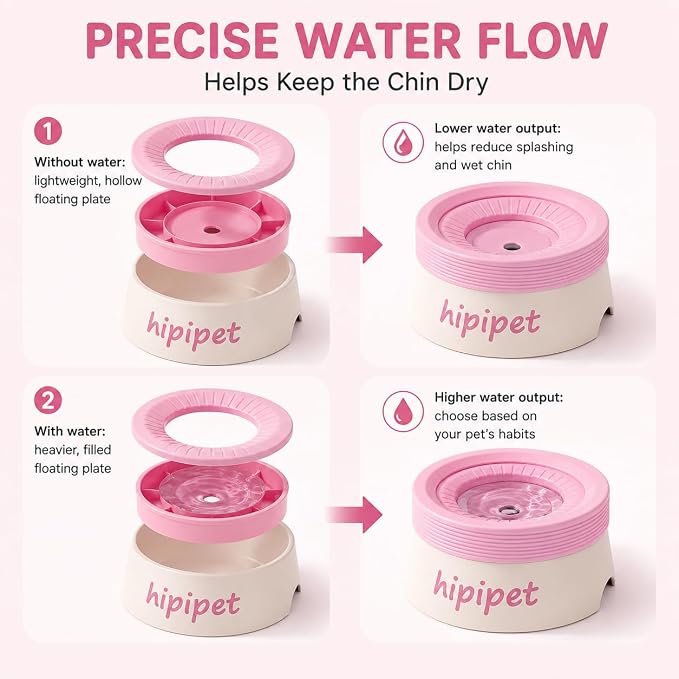 Dog Water Bowl No Spill with Floating Disk,Floating Pet Water Bowl for Dogs and Cats, for Travel and Home (Pink+White(600ml))