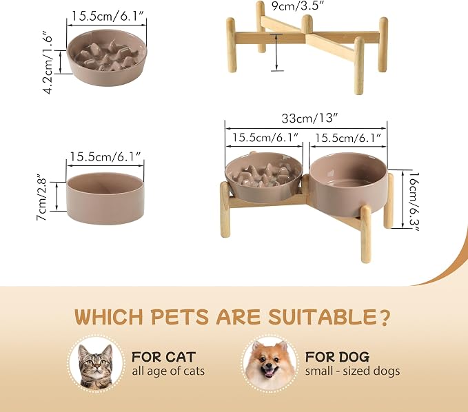 Havniva Elevated Slow Feeder Dog Bowls, Ceramic Dog Bowl Slow Feeder Set | 0.9 Cups Raised Slow Feeding Bowl for Small Breed, 6.1” Dog Water Bowl with Wooden Stand, Puzzle Dog Slow Feeder, Non-slip
