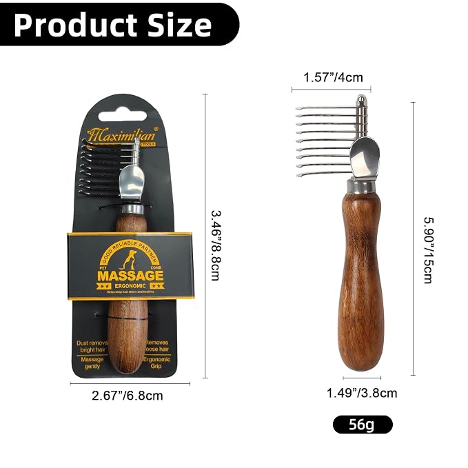 Dog Dematting Comb with Wooden Handle Undercoat Rake for Dogs | Stainless Steel Blades,Dog Dematting Rake,Pet Dematting Tool for Long Haired Dogs&Cats,Remove Loose Hair Mats Knots Tangles