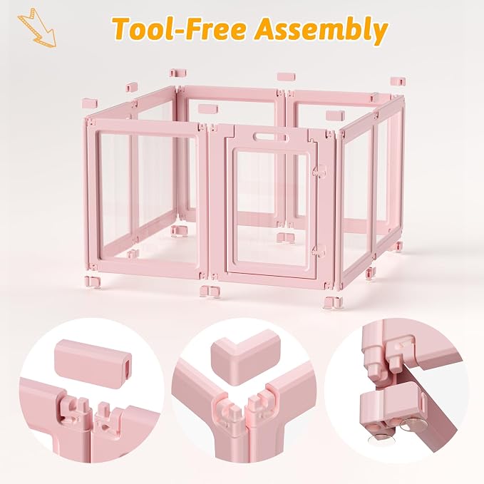 Acrylic Dog Playpen Indoor, Puppy Playpen, Dog Pen Indoor, 8PCS | 30.3" H, Skin Pink, Purple & Sky Blue, Clear View, No-Gap Escape-Proof, Tool-Free Setup, For Puppies & Small Dogs