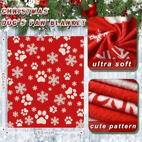 HunnmingRe Christmas Red Paw Flannel Blanket with Snowflakes, 50" x 60" - Image 2