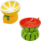 Hamiledyi Ceramic Raised Cat Bowl 2PCS Anti Vomiting Elevated Tilted Cat Food & Water Bowls Pet Feeder Dish for Indoor Kitty and Small Dogs (Watermelon & Lemon)