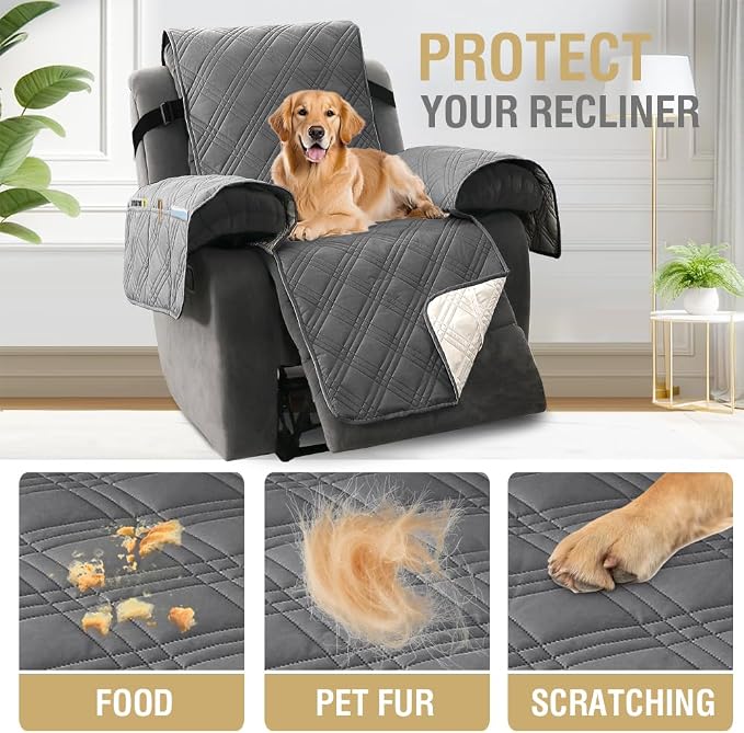 H.VERSAILTEX 100% Waterproof Recliner Chair Covers 1-Piece Reversible Recliner Covers for Large Recliner with Elastic Straps Sitting Width Up to 28" (Oversized Recliner, Grey/Beige)