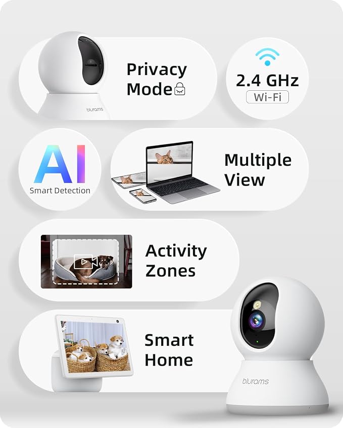 Security Camera 2K, blurams Baby Monitor Dog Camera 360-degree for Home Security w/Smart Motion Tracking, Phone App, IR Night Vision, Siren, Works with Alexa & Google Assistant & IFTTT, 2-Way Audio
