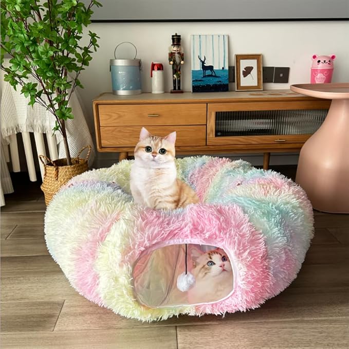 Cat Bed Tunnel Tube Toy Rainbow Plush | Collapsible Round Tunnels for Indoor Cats, Interactive Toys Play Tubes with Hanging Ball for Kitten, Puppy, Rabbit