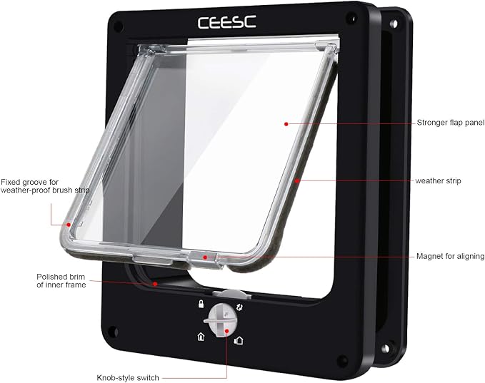 CEESC Medium Cat Door for Interior/Exterior, for Pets <15.75", Black | Rotary 4-Way Lock, Weatherproof, Fits doors 1.26-2.14", Adjustable tunnel depth, Upgraded version
