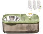 Cat Water Fountain and Food Bowl, 3L/101oz Ultra Quiet Pet Water Dispenser with Smart Pump and 3 Replacement Filters, Automatic Flower Fountain & Stainless Steel Bowl (Black & Green)