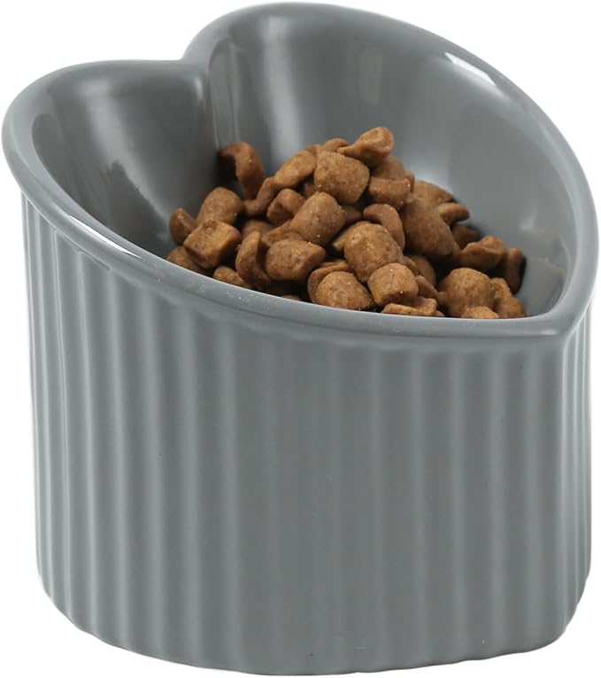 5.5 Inch Grey Ceramic Raised Tilted Cat Food Bowl 1 Pack | Elevated, Love Heart Shape, Slanted, Pet Feeding Dish, Stress Free, Kitty, Small Cats, Protect Pet's Spine