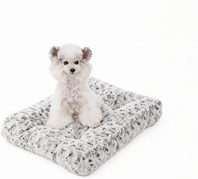 Orthopedic Dog Bed for Dogs, Calming Plush Dog Mat with Thick Cushion Support, Washable Fluffy Pet Bed with Non-Slip Bottom, Soft Indoor Dog Crate Bed (Gray, 23.0" L x 18.0" W x 3.0" Th)
