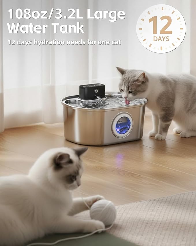 Cordless 3.2L/108oz Stainless Steel Cat Water Fountain Pet Fountain | Rechargeable Pet Water Dispenser - Motion Sensor Activation - Multi-Layer Filtration - Ultra-Quiet Pump (4 Filters)