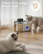 Cordless 3.2L/108oz Stainless Steel Cat Water Fountain Pet Fountain | Rechargeable Pet Water Dispenser - Motion Sensor Activation - Multi-Layer Filtration - Ultra-Quiet Pump (1 Filters)