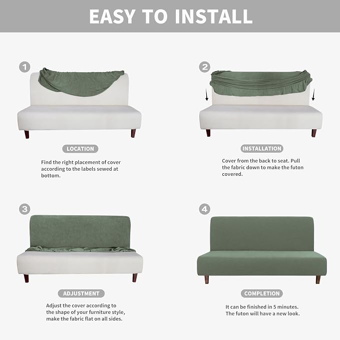 Easy-Going 100% Waterproof Futon Cover, Stretch Futon Slipcover Large | Dual Waterproof Armless Futon Couch Cover, Leakproof Sofa Bed Furniture Protector for Kids Pets Dog Cat, Grayish Green