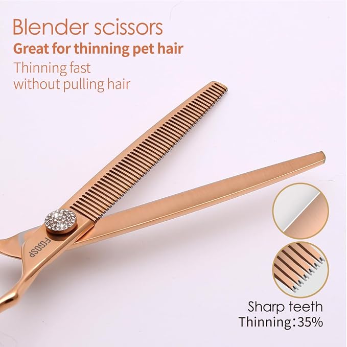 Rose Gold Titanium Dog Grooming Scissors Set 4PCS Curved Thinning Straight Chunkers Shears Kit with White Artificial Diamonds Ergonomic Offset Handle Japan 440C Sharp and Durable