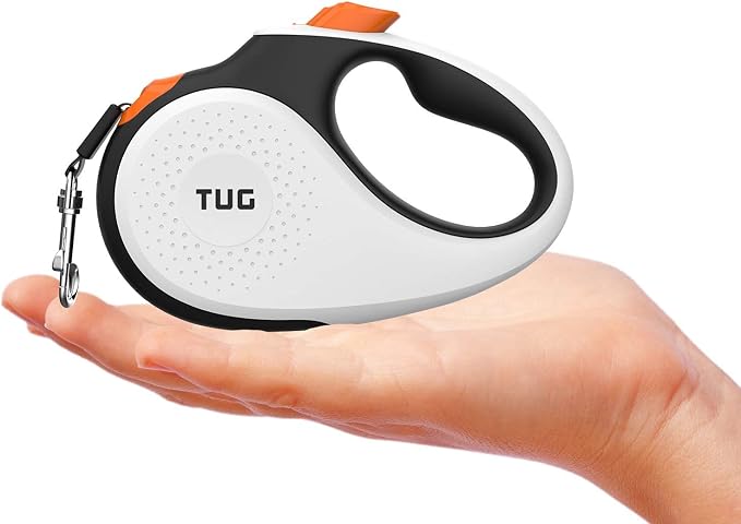 TUG Tiny 360° Tangle-Free Retractable Dog Leash with Anti-Slip Handle | 10 ft Nylon Tape | One-Handed Brake, Pause, Lock (White/Orange)
