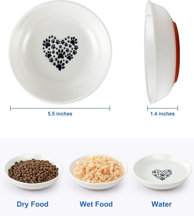Ceramic Cat Bowl Whisker Friendly, Non-Slip Cat Food Bowls 3-Pack | Whisker Fatigue Cat Dishes, Shallow Wide Cat Plate, Lead-Free, Silicone Base, Microwave Dishwasher Safe, Wet Dry Food Water