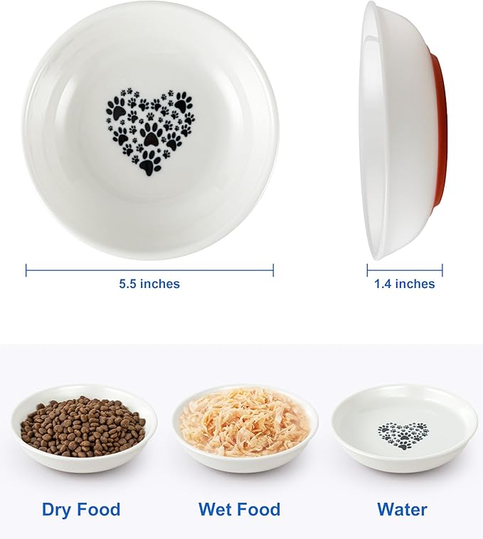 Ceramic Cat Bowl Whisker Friendly, Non-Slip Cat Food Bowls 6-Pack | Whisker Fatigue Cat Dishes, Shallow Wide Cat Plate, Lead-Free, Silicone Base, Microwave Dishwasher Safe, Wet Dry Food Water