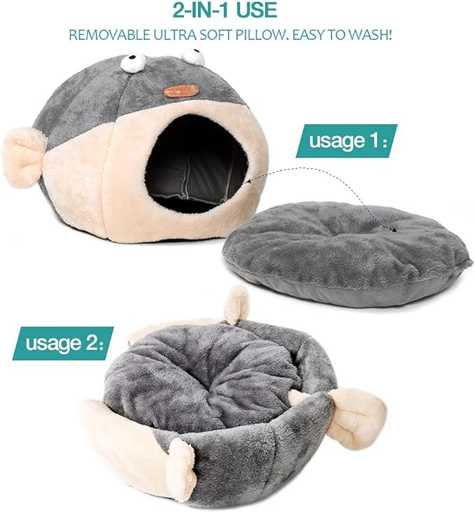 Cat Beds for Indoor Cats-Cat Bed Cave,Cute Lively Pufferfish Shape,Grey L | 2 in 1 Cats House for Kitten with Removable Washable Cushioned Pillow,Soft plush cat Tent for cat Hideaway,Machine Washable