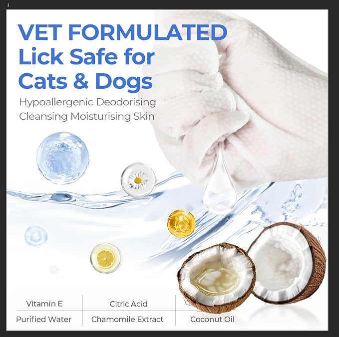 Pet Cleaning Glove Wipes for Dogs & Cats, Hypoallergenic Deodorizing Disposable No-Rinse Grooming Wipes, Wipes, Perfect for Pet Dry Cleaning, Daily Care and Travel, Coconut Scent, 48 pcs