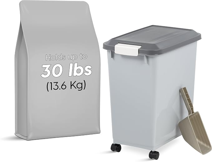 IRIS USA Dog Food Storage Container, Up to 30 lbs, Gray/Dark Gray | Made in the USA, Comes w/ Wheels & 2-Cup Scoop, Airtight Seal, BPA-Free, Kibbles, Bird Seed, Cat food, Cat Litter, Pellets