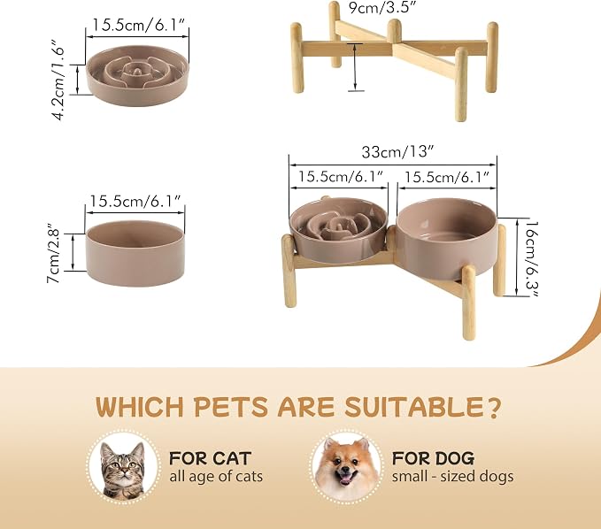 Havniva Elevated Slow Feeder Dog Bowls, Ceramic Dog Bowl Slow Feeder Set | 0.9 Cups Raised Slow Feeding Bowl for Small Breed, 6.1” Dog Water Bowl with Wooden Stand, Puzzle Dog Slow Feeder, Non-slip