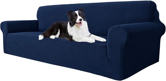 MAXIJIN Super Stretch Couch Cover for 3 Cushion Couch, 1-Piece Universal Sofa Covers Living Room Jacquard Spandex Furniture Protector Dogs Pet Friendly Fitted (Extra Large, Navy Blue)