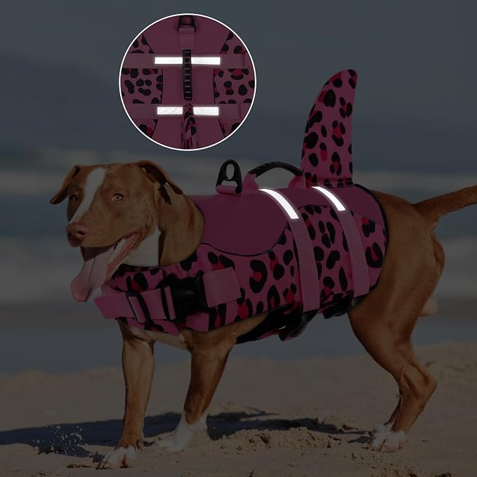 ASENKU Dog Life Jacket - Pet Safety Vest for Swimming & Boating, Shark Life Jacket with Floatation, Dog Lifesavers Swimsuits for Small Medium Large Dogs (Pink Leopard, 2XL)