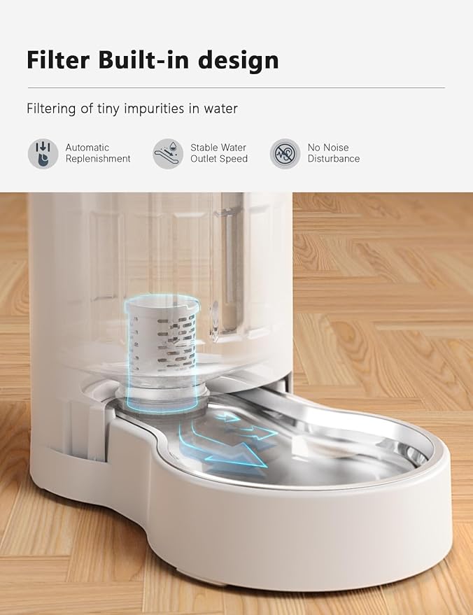 CZPET Automatic 5L Filter Dog and Cat Water Dispenser (White) | Gravity Waterer with Stainless Steel Bowl, Large Capacity and Drinking Area Noise-Free for Pets