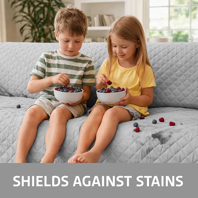 Sofa Shield 100% Waterproof Couch Cover with Patented Straps, Slip & Stain Resistant Furniture Protector, Machine Washable Sofa Slipcover for Dogs Cats Pets Kids, 54 inch Seat, Loveseat, Light Gray