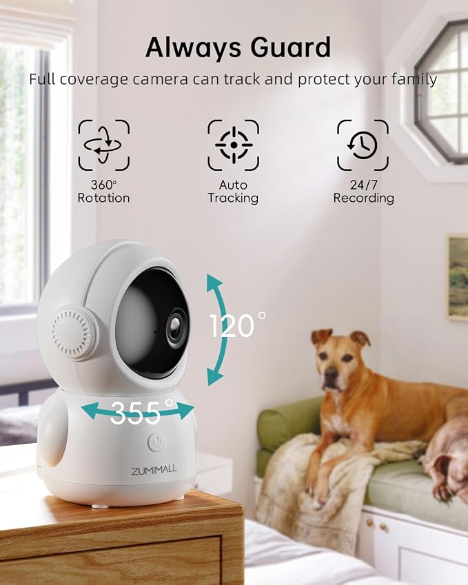 ZUMIMALL Security Camera Indoor, Baby Monitor with Camera and Audio | Pet/Dog/Cat Cameras, 5G/2.4G WiFi, 2K Wired, One-Click Call, Cry/PIR/AI Detection, Auto Tracking, Privacy, No Subscriptions