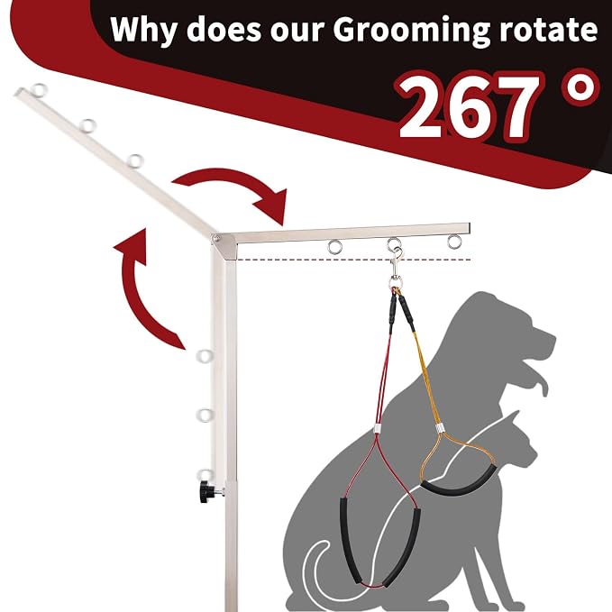 Dog Grooming Table Arm with Hammock - Adjustable Height, Pet Grooming Hammock, No Sit Haunch Holders, Loop Noose Heavy-Duty Clamp (Stainless Steel)