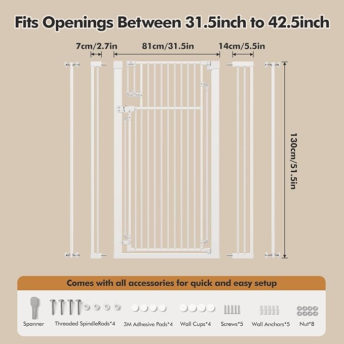 51-inch Extra Tall Pet Gate for Cats & Dogs,White | Fits widths of 31.5-42.5“,Extra Tall Design, Pressure/Screw mounted, Suitable for stairs and doorways