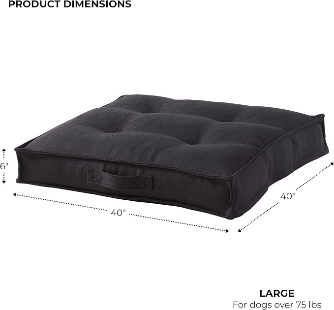 Indoor Dog Bed with Removable Washable Cover, Soft Basketweave Fabric, Reversible Cushion, Carry Handle, Baffle Construction to Help Prevent Fill Shifting, Black - Large (40"x40")