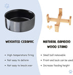 SPUNKYJUNKY 15° Slanted Ceramic Dog and Cat Bowl with Wooden Stand, Tilted Bulldog Food and Water Bowl No Slip Non-Spill for Cats Medium Dogs Big Face Pets 28.7 OZ (3.6 Cups, Black)