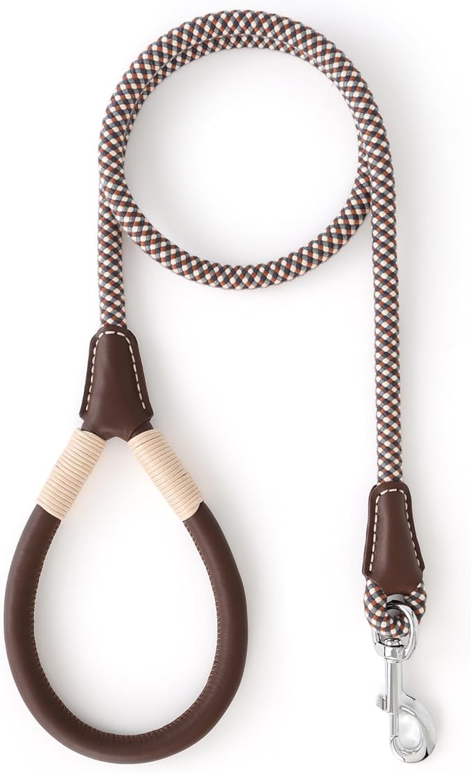 Mile High Life Dog Leash with Genuine Leather Handle, 4/5/6 FT | Comfortable Leather Grip Rope Leash, Heavy Duty 360° Swivel Metal Clasp, for Small Medium & Large Dogs (Brown Plaid, 48 Inch)