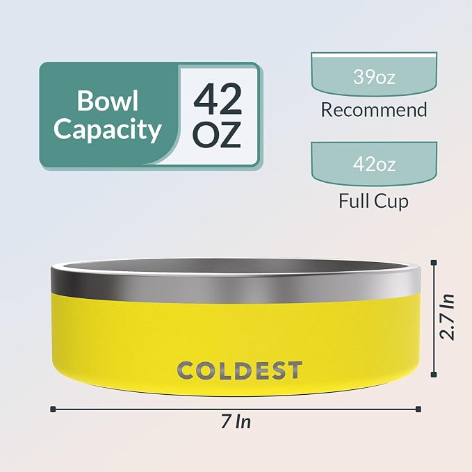 Coldest Dog Bowl - Anti Rust Metal, Non Slip, 3 Layers Insulated Stainless Steel Dog Bowls - Spill Proof & Heavy Duty - Water Bowl for Dogs, Cats & Pets, Dish Washer Safe (42 oz, Solar Yellow)