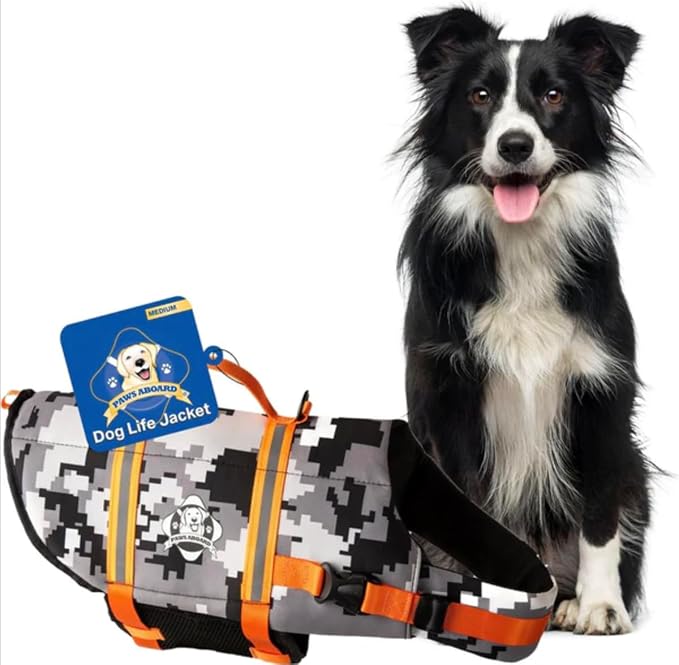Dog Life Jacket — Premium Swim Vest with SafeChin Anti-Choke Collar | PAWS Aboard Grey Camo | RapidLift Rescue Handle, D-Ring, Reflective Trim | Boating, Kayaking, Pool | Medium (25–50 lbs)