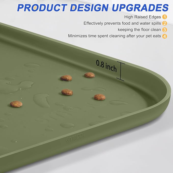 SMILOOL Silicone Pet Food Mat with Raised Edge for Food and Water Bowl, Dog Feeding Mats, Cat Food Trays for Floor Waterproof, Rubber Tray for Dogs and Cats, 22 x 14 x 0.8 Light Olive Green