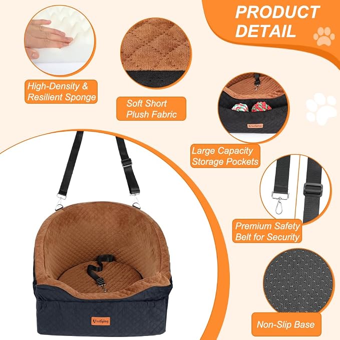 Vivifying Dog Car Seat for Small & Medium Dogs, Detachable & Washable Booster Seat for Pets Up to 25lbs, Travel Bed with Storage Pockets and Safety Belt – Brown&Black