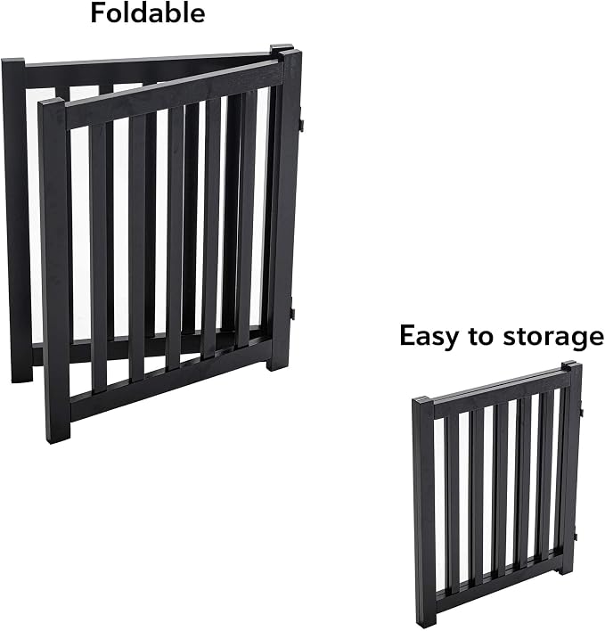 LZRS Wooden Free Standing Foldable Dog Gate Indoor – Solid Hard Wood 40" W x 24" H, Step-Over Safety Pet Gate for Doorways, Stairs & Small Spaces - Indoor Use, Black