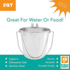 Fuzzy Puppy Flat Sided Pail with Dual Hooks, Snugly Fit On Dog, Cat and Critter Crates & Cages, Heavy Duty Stainless Steel | 2 Quart (PN: FSP-2)
