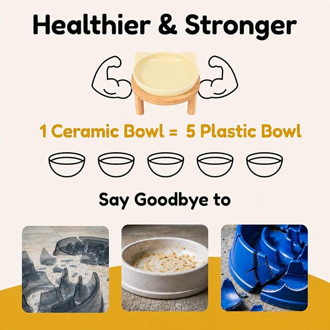 Elevated Ceramic Cat Bowls with Bamboo Stand for Cat Bowl, Whisker Friendly Shallow Cat Plate, Stable Raised Cat Food Riser for Indoor Cats (Yellow, Set of 1)