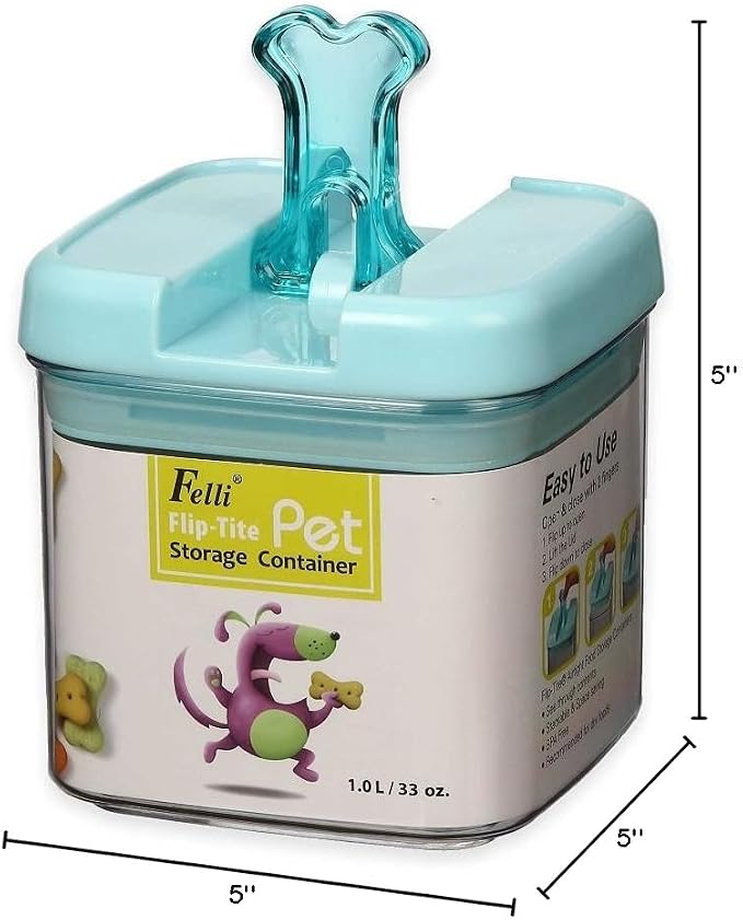 Small 5"H Flip-Tite Bone Square Pet Food Storage Canister in Clear/Blue