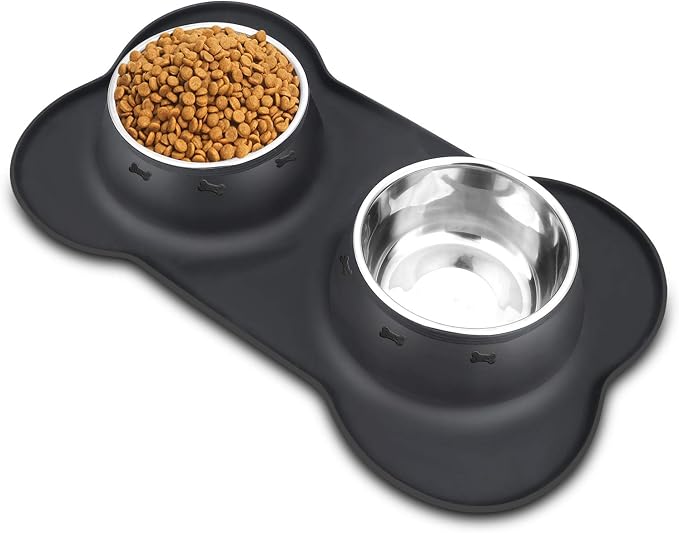 AsFrost Dog Food Bowls Stainless Steel Pet Bowls & Dog Water Bowls No Spill Non Skid, Feeding Bowls with Dog Bowls Silicone Mat for Small Medium Large Size Dogs, Cat Pet Dog Dishes Set, Black, 3 Cup